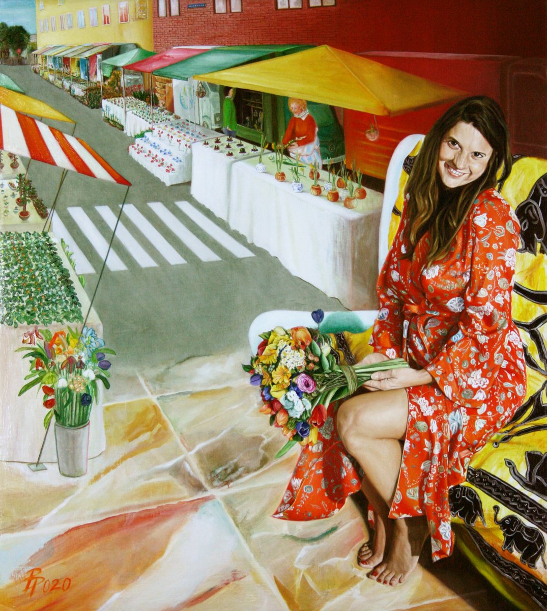 Photorealistic Portrait Oil Painting By Paolo Borile, 27 X 30", Dreaming Of The Flowers Market, Original Artwork