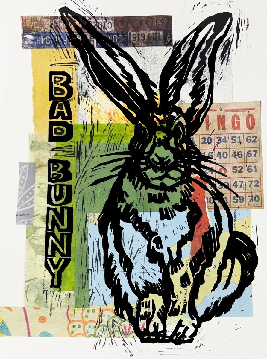 Illustrative Linocut , Bad Bunny 3 By Laurel Macdonald, 10 X 14, Artwork For Sale On Artfinder