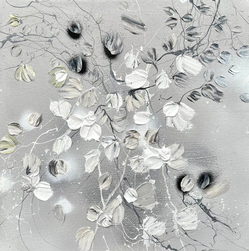 "Silver Fog” acrylic square artwork with roses 50x50cm by Anastassia Skopp