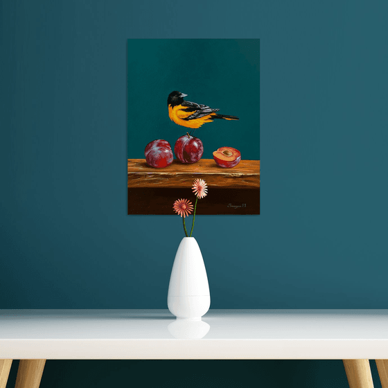 Still life with bird and plums (30x40cm, oil painting, ready to hang)