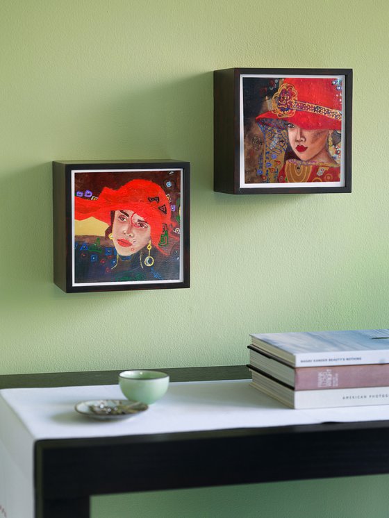 Mary, Woman Portrait Red Hat Painting Original Female Wall Art Modern Artwork
