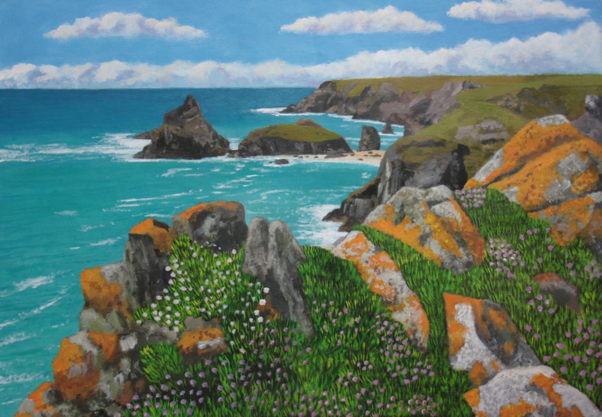 Landscape Acrylic Painting By Tim Treagust, 24 X 17", View To Kynance Cove, Original Artwork