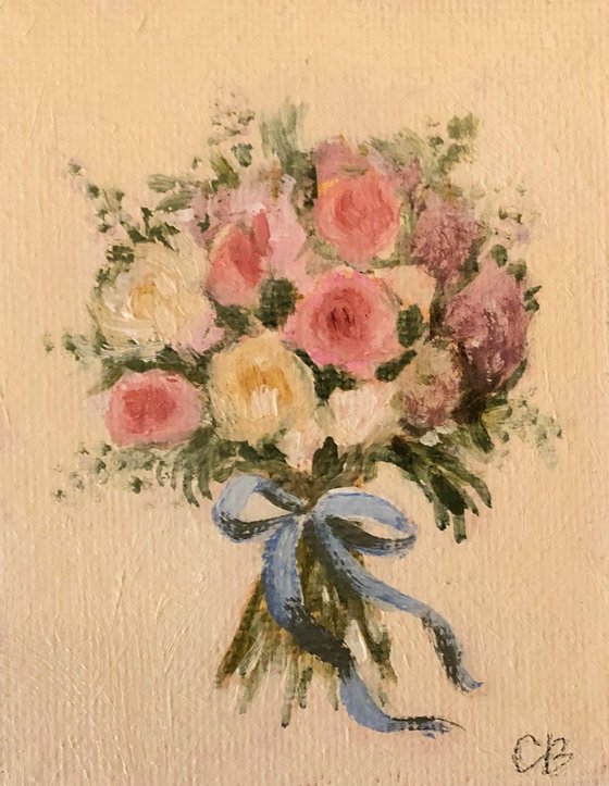Set of 4 Mini Flower Bouquet Oil Paintings