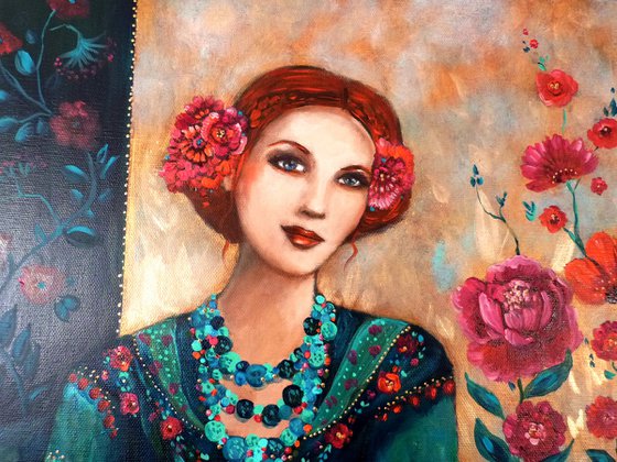 Adagio indigo 46 x 55 cm. Redheaded woman with shawl