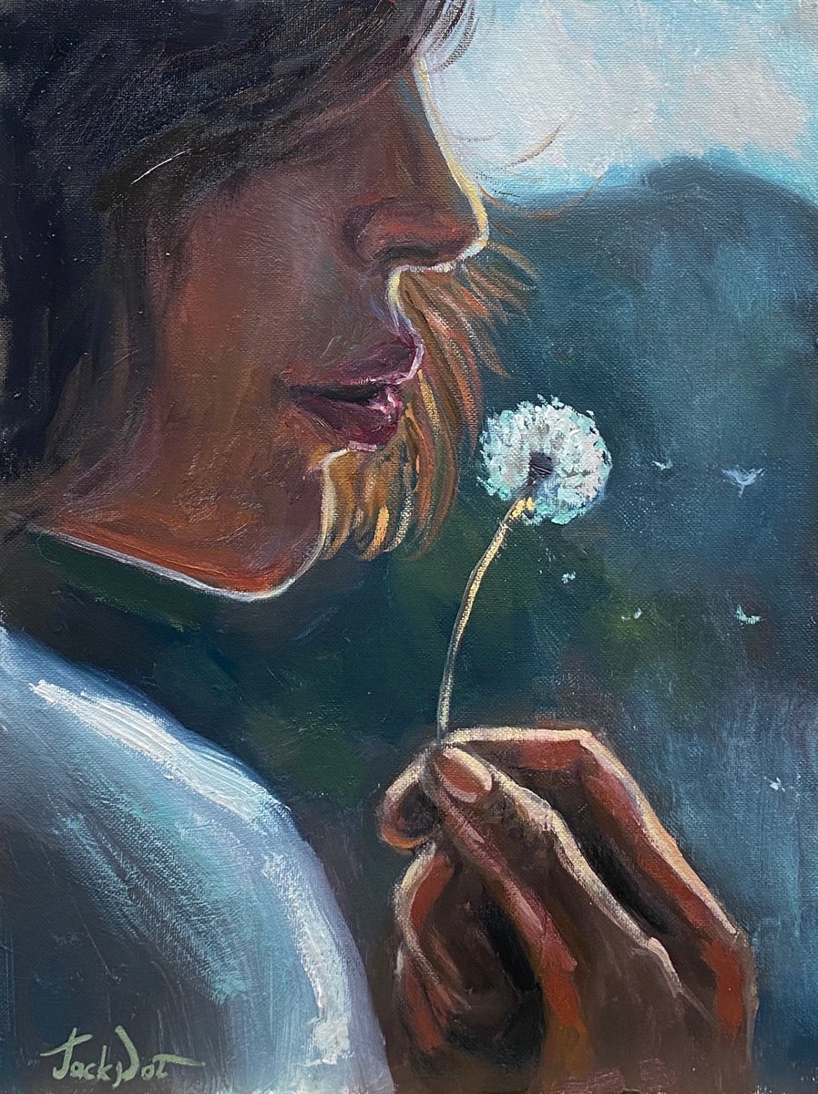 Woman with dandelion oil painting woman face art lips artwork original wall art above sof... by Evgeny Potapkin