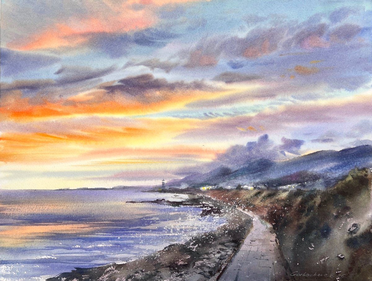 Impressionistic Watercolour , Cyprus Lavender Sky By Eugenia Gorbacheva, 16 X 12, Artwork For Sale On Artfinder
