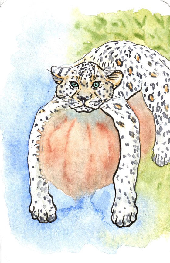 Animal drawing - Leopard mixed media watercolor - Framed small artwork - Gift idea (2021)