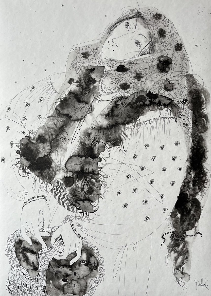 Portrait Ink Drawing By Liudmyla Korzh-Radko, 20 X 27", First Snow, Original Artwork