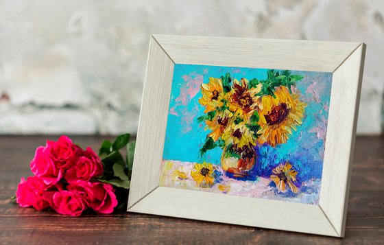 Bouquet of Sunflowers Floral Painting Original Art Small Oil Artwork Flowers Wall Art