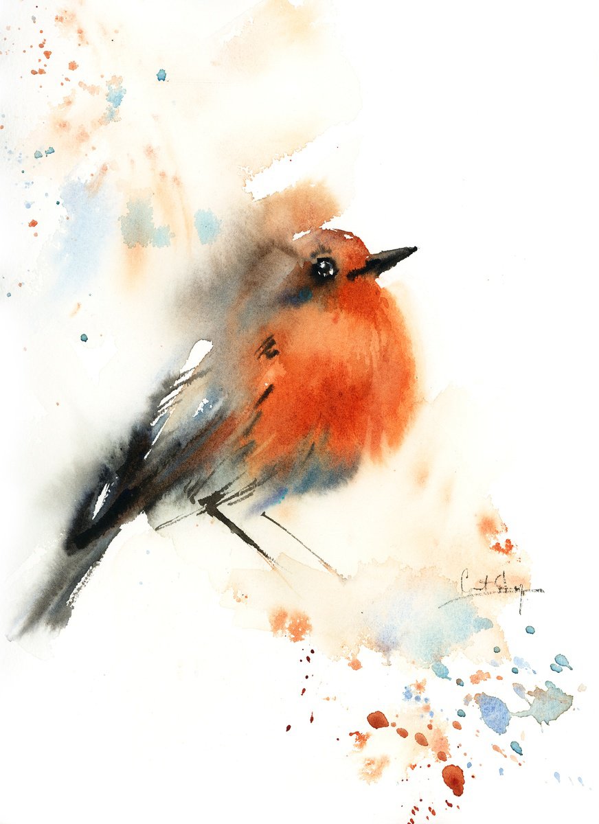 Impressionistic Animal Watercolour By Sophie Rodionov, 9 X 12", Robin Bird, Original Artwork