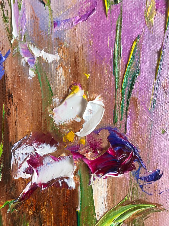 IRIS MOOD №1 - Xiphium. Irises. Flowers. Gift. Lilac color. Bouquet. Garden. Garden flowers. Field irises. Mini-art. Fast painting. The best solution. Gift painting. Postcard. Season. Holidays.