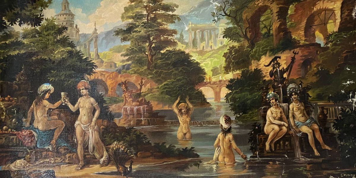 Impressionistic Landscape Oil Painting By Oleg And Alexander Litvinov, 27 X 14", Bathers, Original Artwork