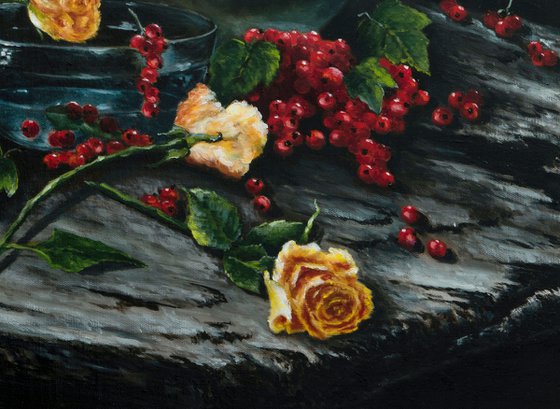 Still life with yellow roses and red currants