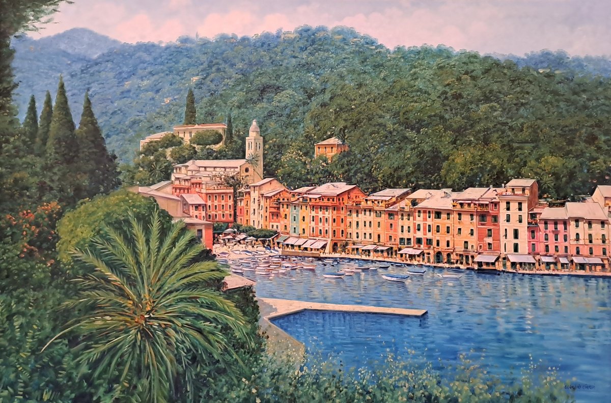 Impressionistic Cityscapes Oil Painting By Claudio Ciardi, 71 X 47, Portofino From Above, Original Artwork