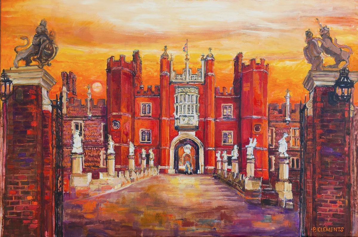 Impressionistic Cityscapes Oil Painting By Patricia Clements, 36 X 24", Hampton Court Sunset, Original Artwork
