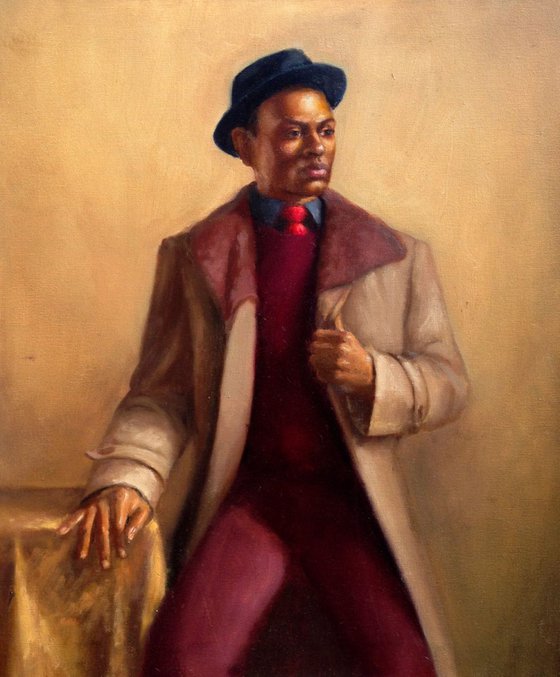 African-American man in the coat and hat. Original oil painting. Figure painting. Oil portrait. 20*24in