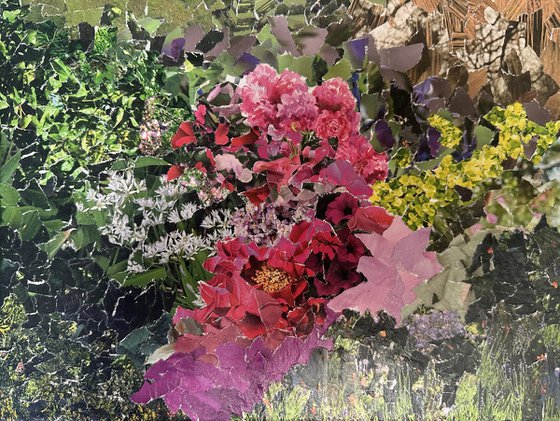Inspiration. Collage of flowers . Pretty garden created to look like oil painting.