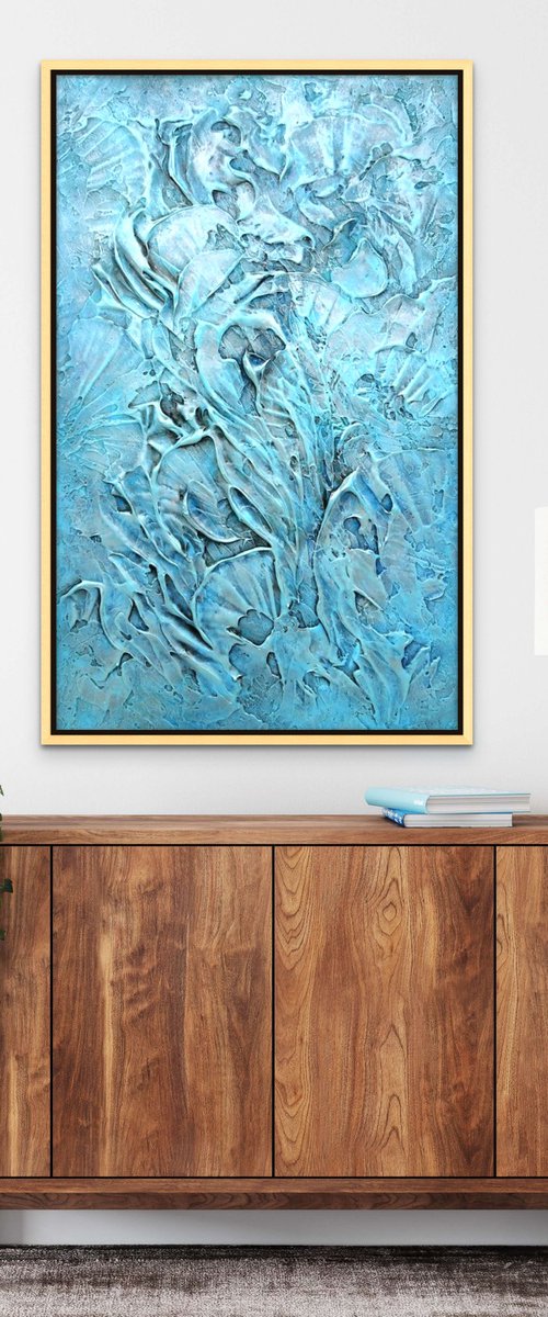 HIDDEN TREASURE. Large Abstract Blue Teal Silver Gray Textured Painting 3D by Sveta Osborne