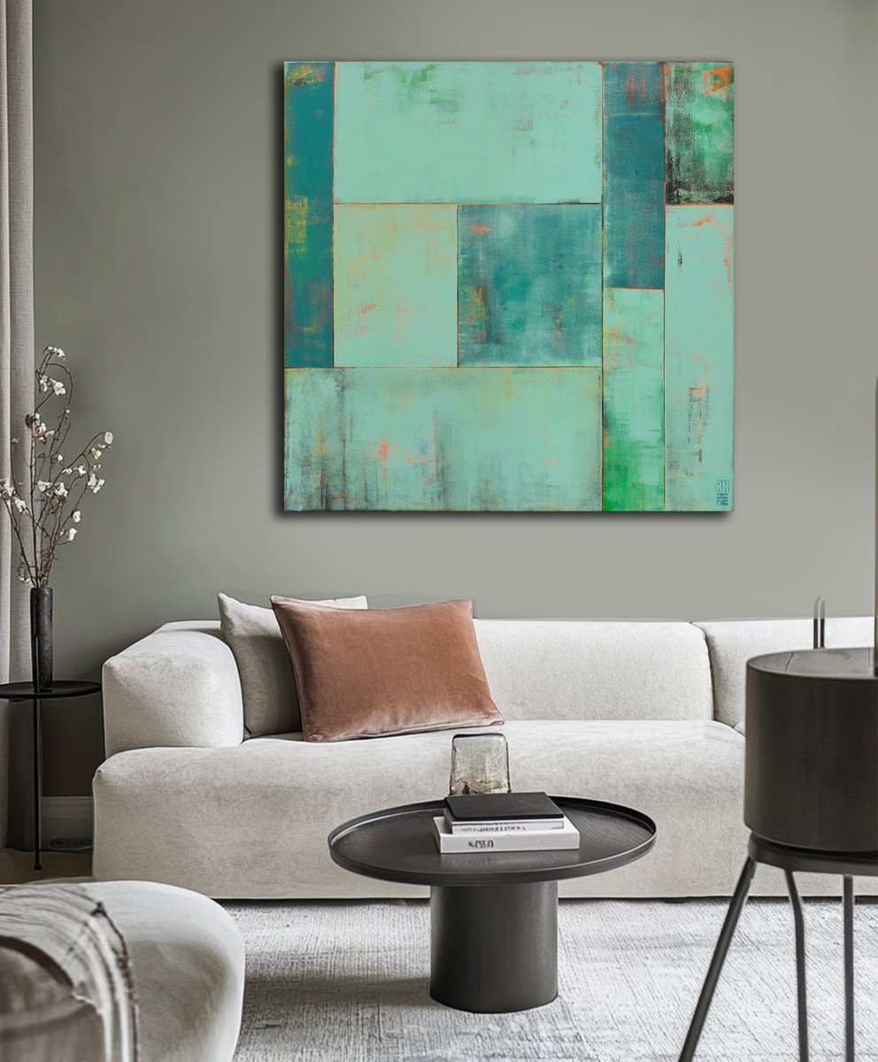 Abstract Acrylic Painting By Ronald Hunter, 35 X 35", Turquoise Tiles B, Original Artwork