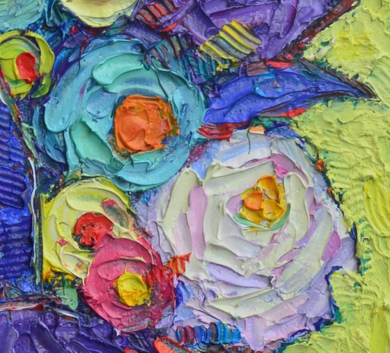 ABSTRACT COLOURFUL ROSES AND WILDFLOWERS textural impressionist impasto palette knife oil painting by Ana Maria Edulescu