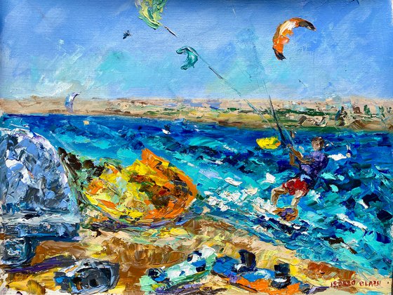 Kitesurfing - Spot atmosphere, 47*37cm, impressionistic oil impasto landscape painting