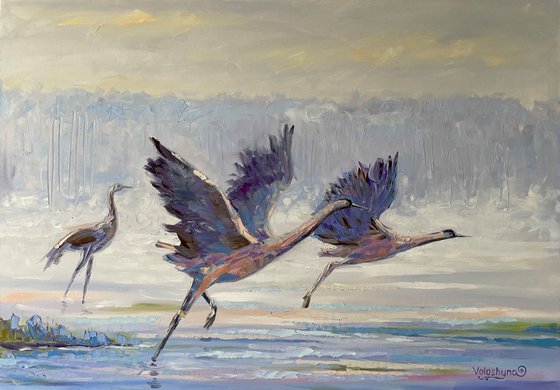 "Flight of birds". Oil painting. Birds in flight