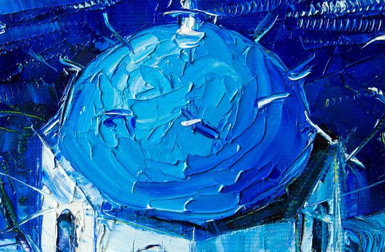 BLUE DOME IN SANTORINI Mini Cityscape Textural impressionist Impasto Palette Knife Oil Painting