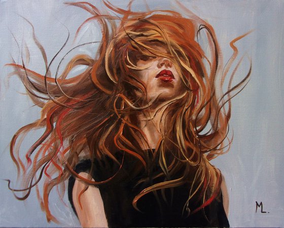 " AUTUMN GIRL. "- EYE  RED HAIR ORIGINAL OIL PAINTING, GIFT,
