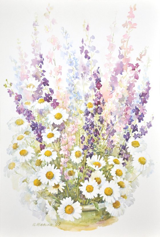 Happy birthday! (Daisies with colorful delphiniums) / ORIGINAL watercolor 15x22 (38x56cm)