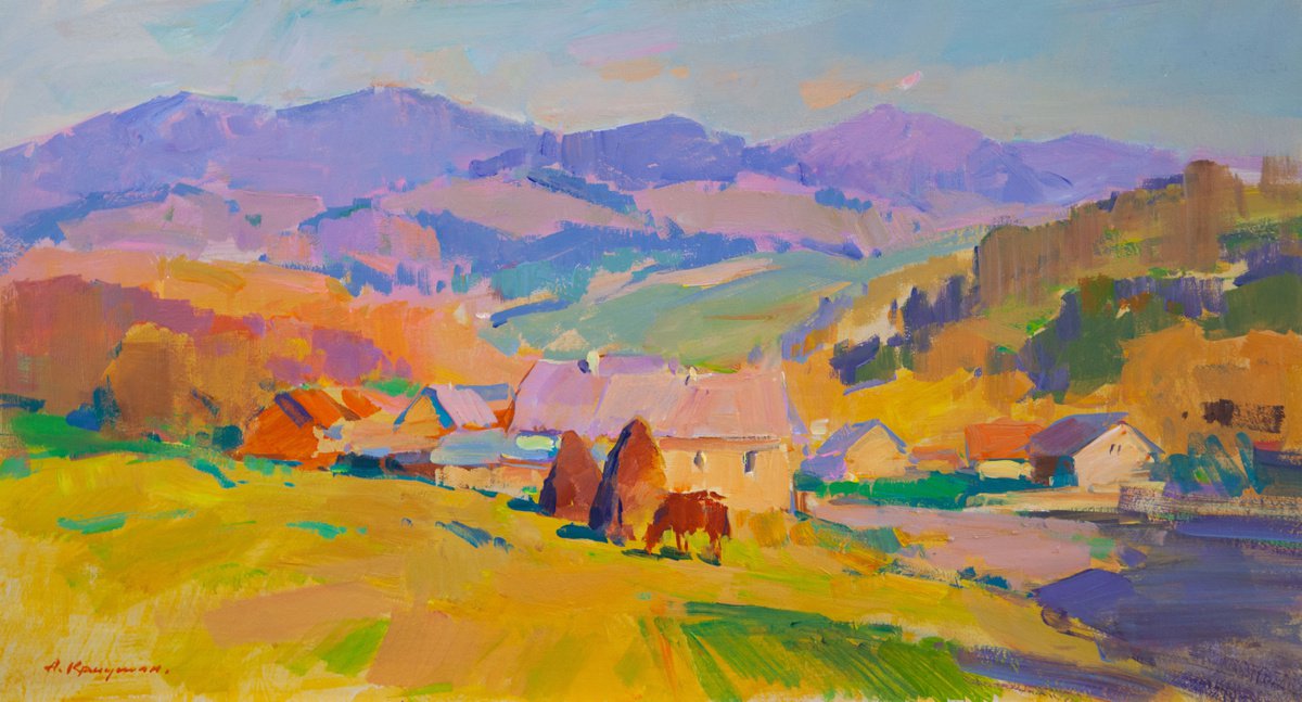 Impressionistic Landscape Acrylic Painting By Aleksandr Kryushyn, 30 X 16, The Color Of Evening, Original Artwork