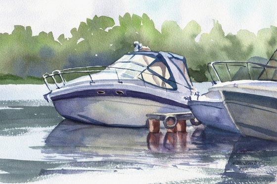 Ukrainian watercolour. Boats on the Dnipro River