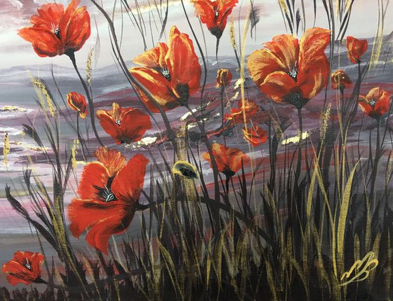 Poppies on gold leaf