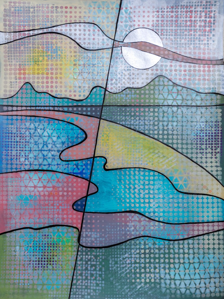 Geometric Landscape Acrylic Painting By Ariadna De Raadt, 18 X 23, Touching Of The Sun 2, Original Artwork