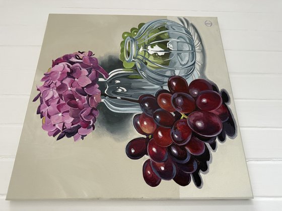 Glass Grapes And Hydrangeas