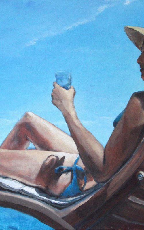 "Lady with a hat on blue ..."   ORIGINAL PAINTING. SEA SUMMER GIFT SEA SWIMMING by Linar Ganeev