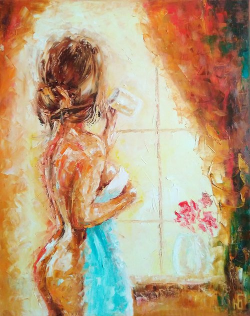 Sunny morning , Erotic Painting Original Art Female Nude Artwork Window Wall Art 40x50 cm, ready to hang. by Yulia Berseneva