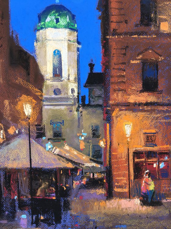 Night lights Ukrainian city of Lviv. Soft pastel drawing 25.5х12.7 inch (65x32.5 cm)