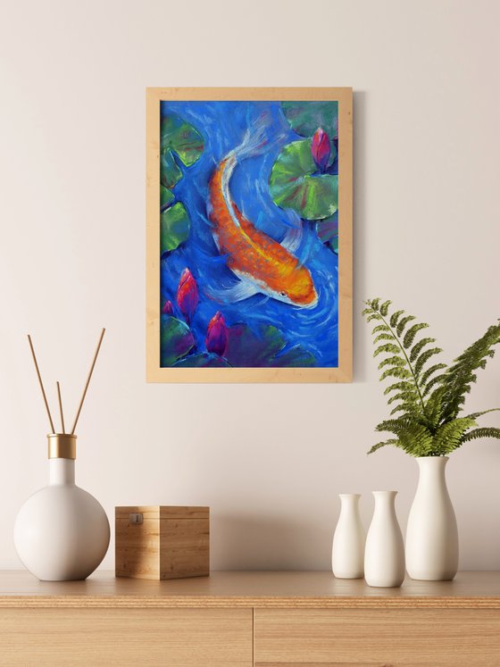 Gold Koi Fish and Water Lilies Original Pastel Drawing