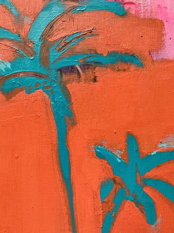 Bright summer painting - "Small swimmer" - Pop Art - Pool - Palms - Landscape - California - Nature - Orange&Blue