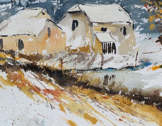 A few houses in winter  watercolour