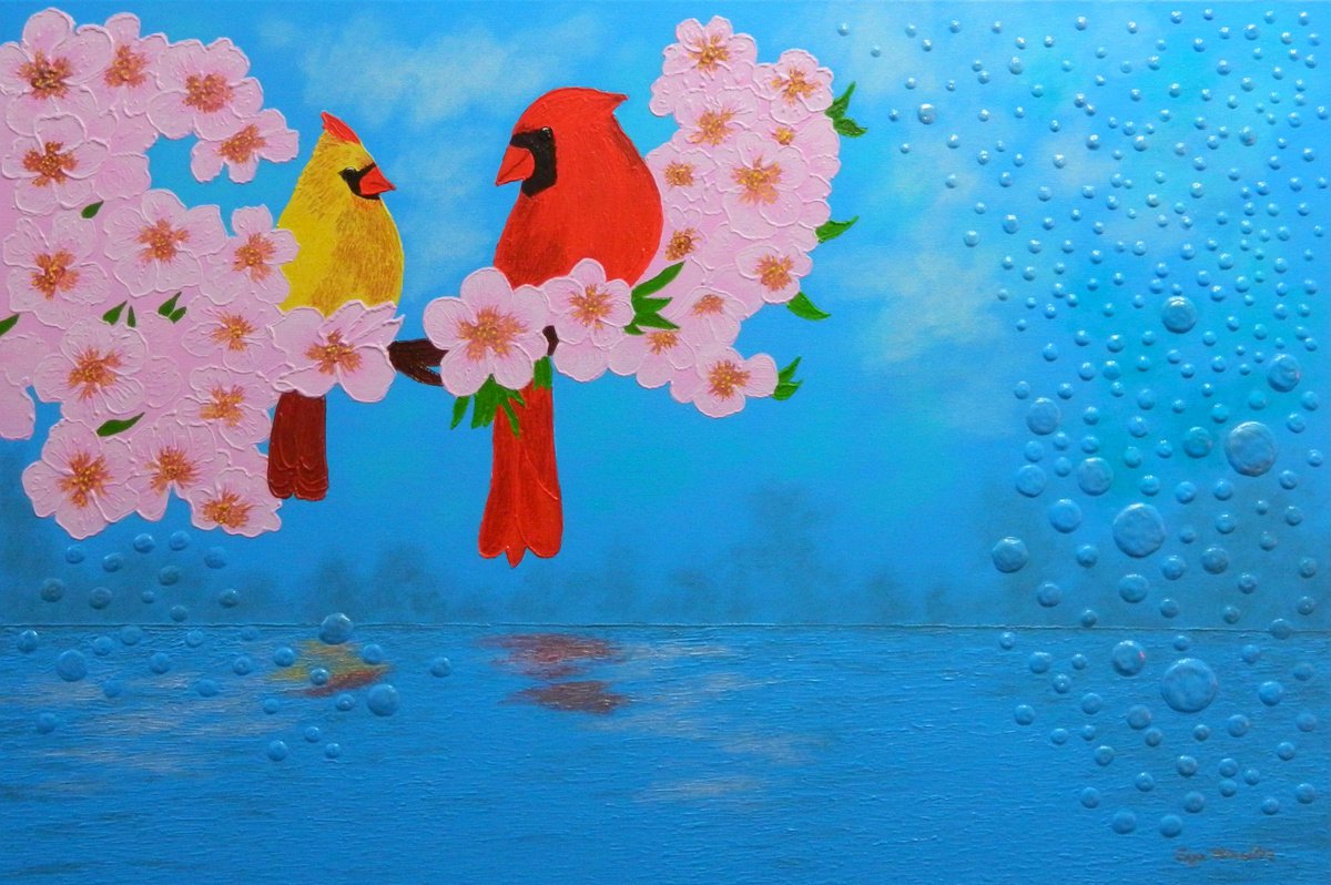 Mozart?s Trill - semi abstract landscape, cardinal birds, flower blossoms and bubbles by Liza Wheeler