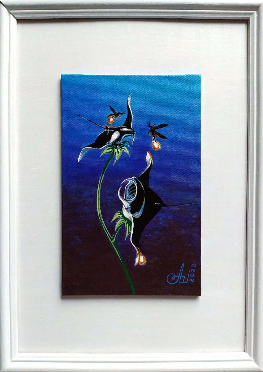 Surrealistic Botanical Acrylic Painting By Anna Shabalova, 9 X 13, Deep Sea Glow, Original Artwork