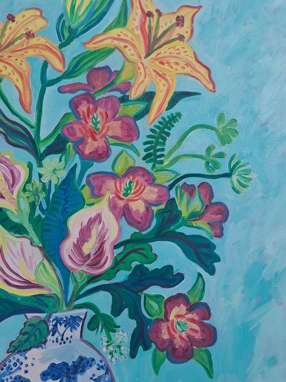 Tropical Bouquet in a Blue and White Vase