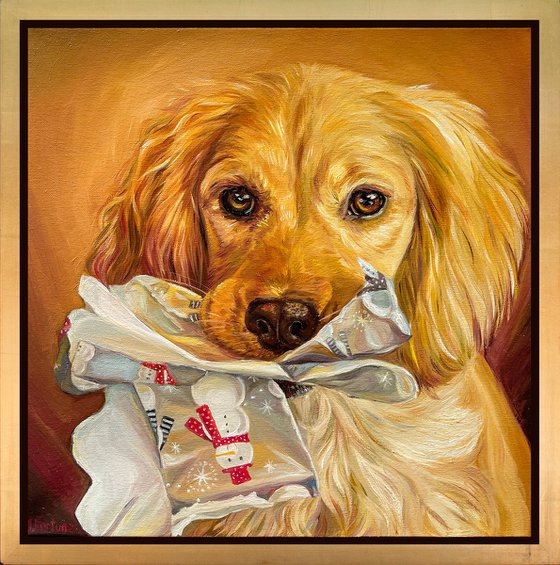 CHRISTMAS MORNING, Original Golden Retriever Pet Oil Portrait