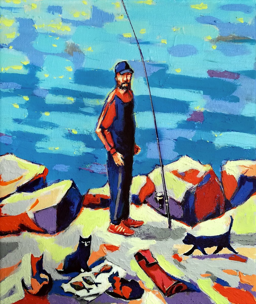 Fisherman and cats by Evgen Semenyuk