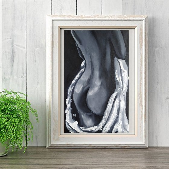 First time, small nude erotic oil painting, black and white woman art