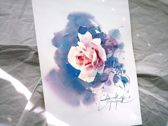 "Twilight mist" - original watercolor pink white rose sketch