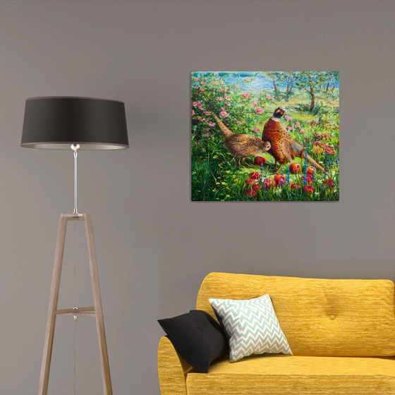 PHEASANTS IN APPLE GARDEN
