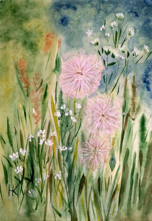 Dandelions original watercolor painting by Halyna Kirichenko