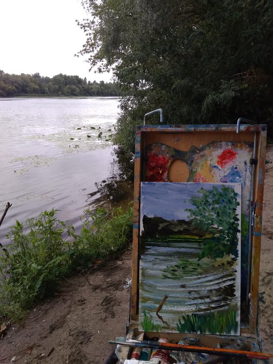 Riverbank on a windy day. Pleinair painting